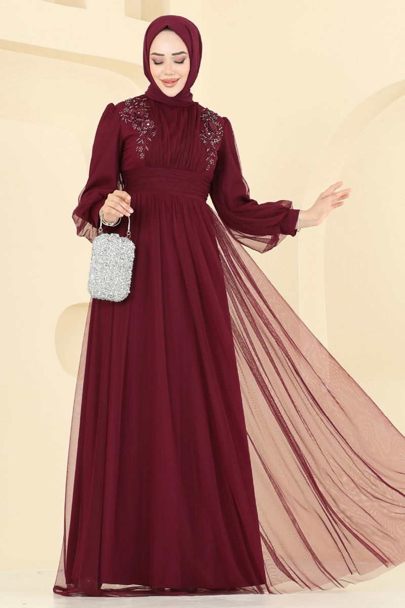 Evening Dress Burgundy Belted Modest Long Sleeve