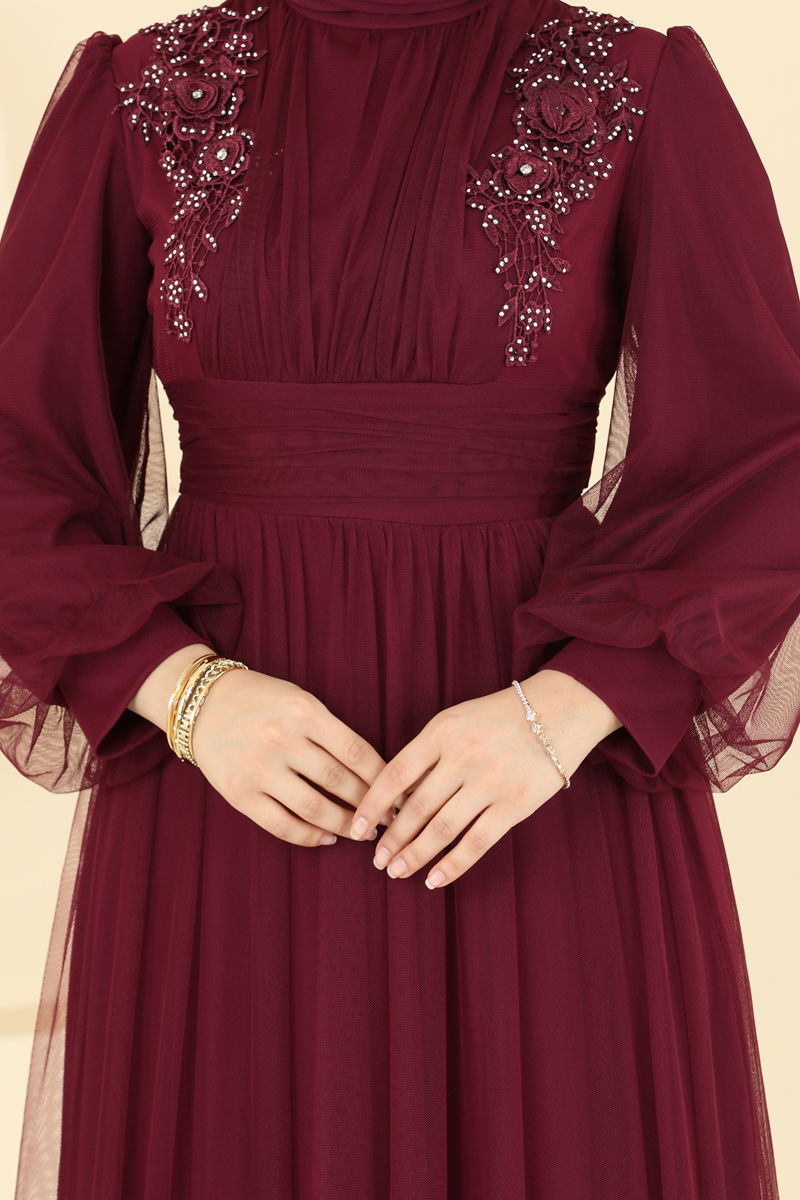 Evening Dress Burgundy Belted Modest Long Sleeve
