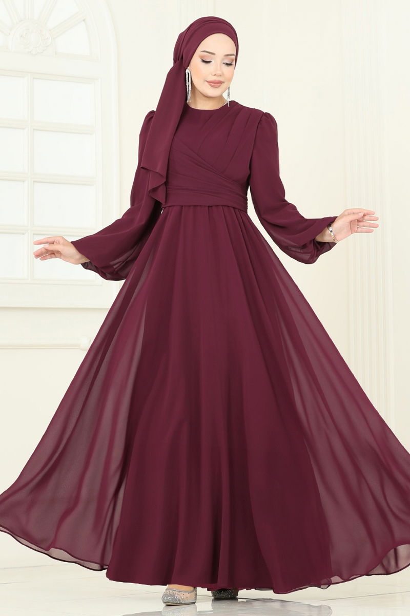 Evening Dress Burgundy Belted Modest Tunic - Burgundy