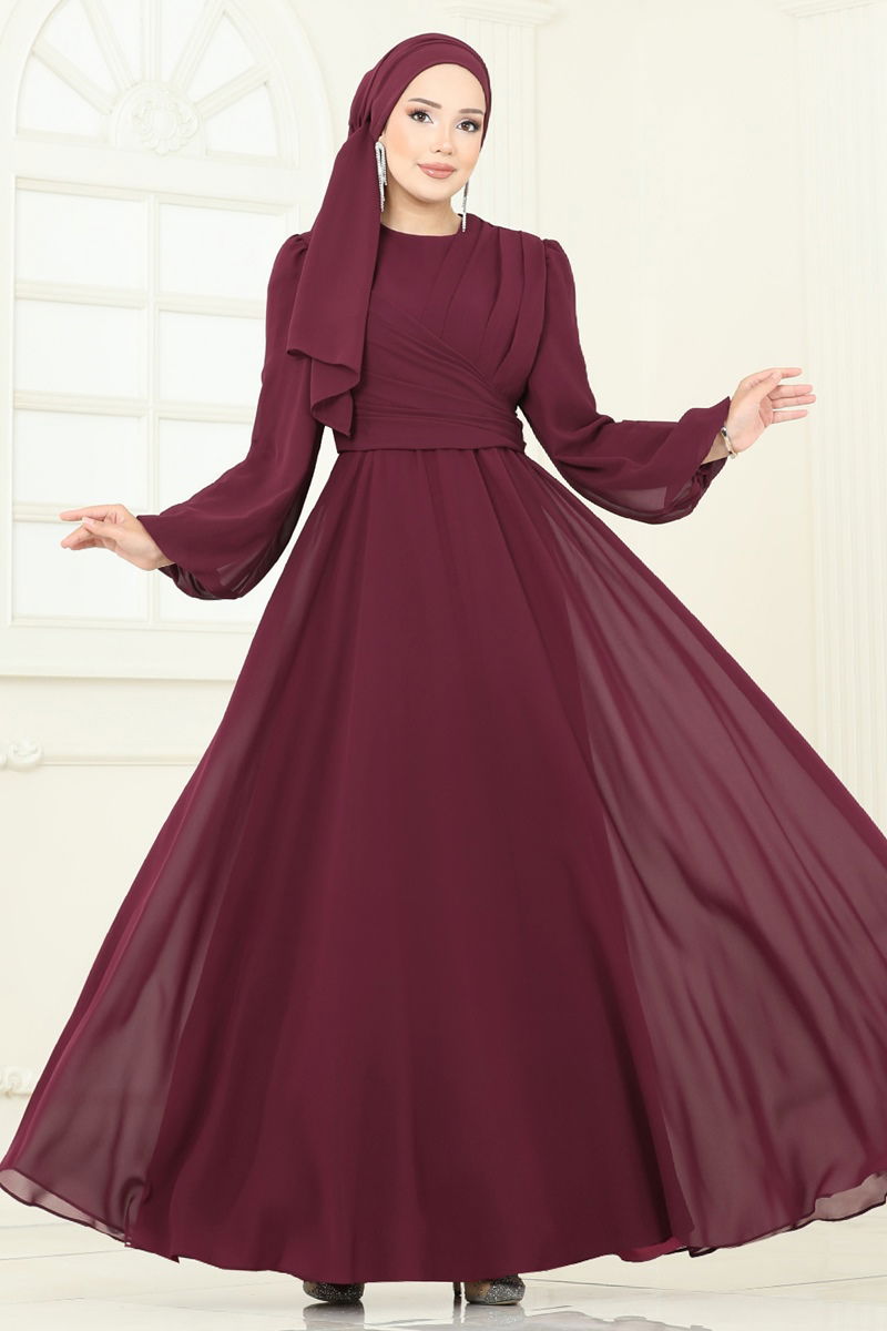 Evening Dress Burgundy Belted Modest Tunic - Burgundy