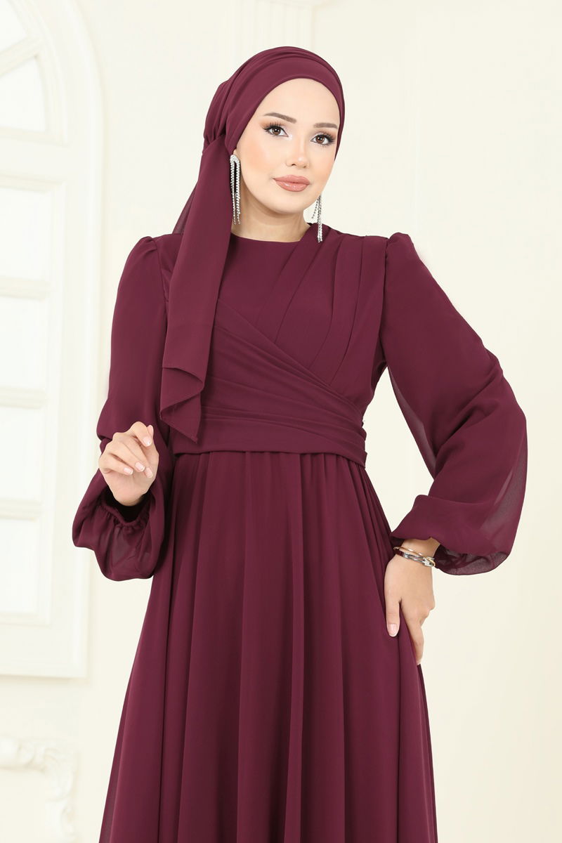 Evening Dress Burgundy Belted Modest Tunic - Burgundy