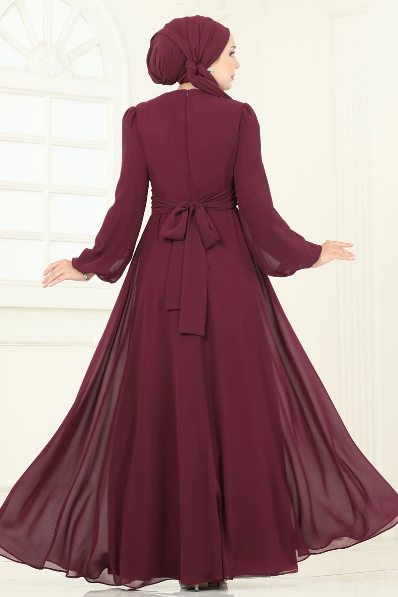 Evening Dress Burgundy Belted Modest Tunic - Burgundy
