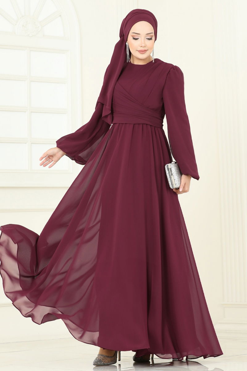 Evening Dress Burgundy Belted Modest Tunic - Burgundy