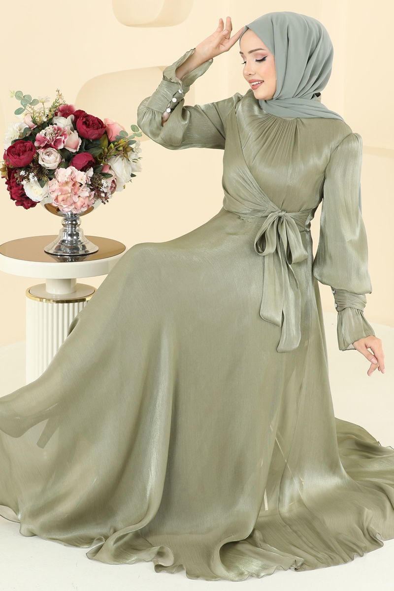 Evening Dress Almond Green Belted Modest Fashion