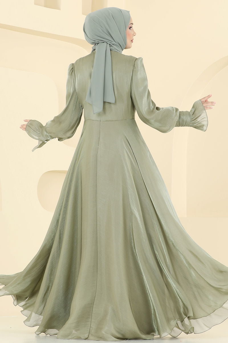 Evening Dress Almond Green Belted Modest Fashion