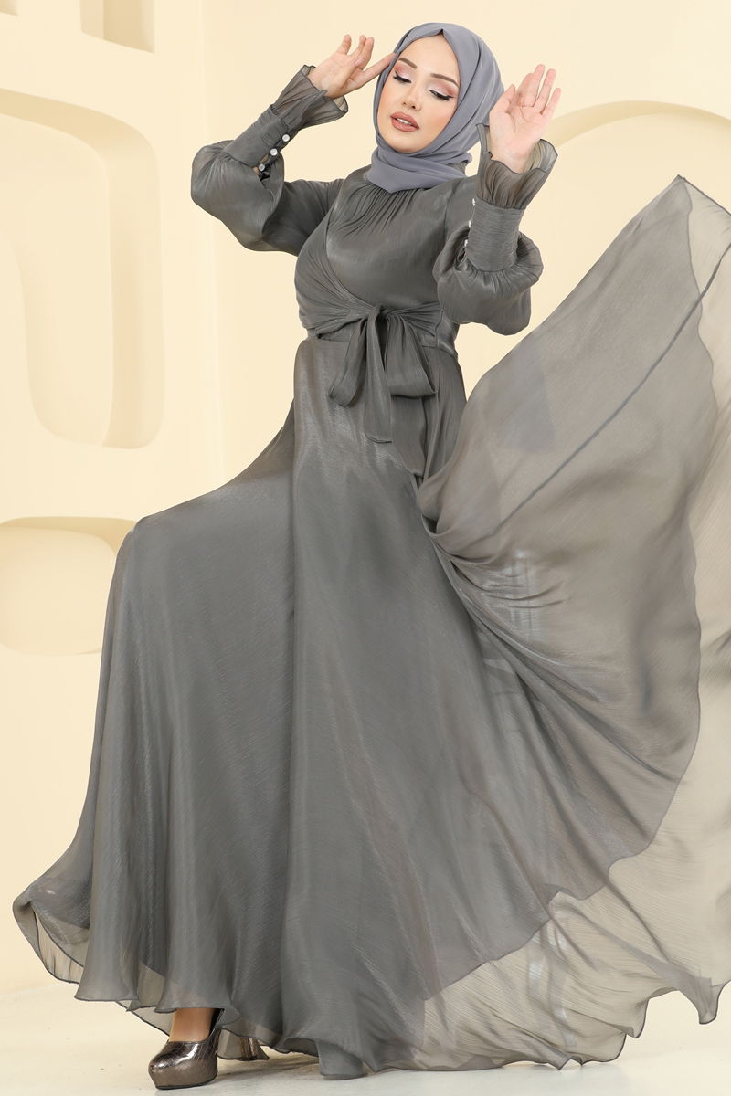 Evening Dress Anthracite Belted Modest Fashion