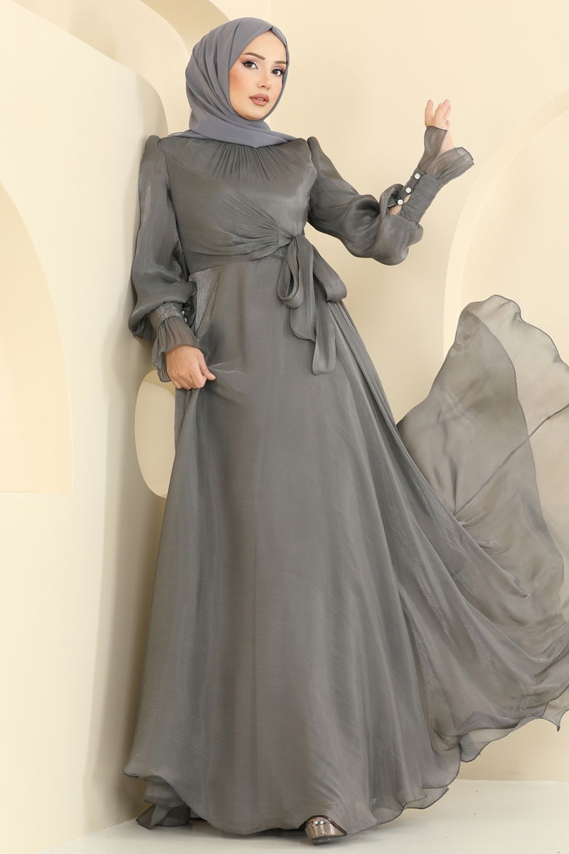 Evening Dress Anthracite Belted Modest Fashion