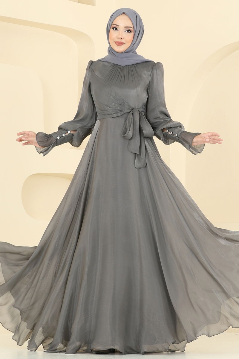 Evening Dress Anthracite Belted Modest Fashion
