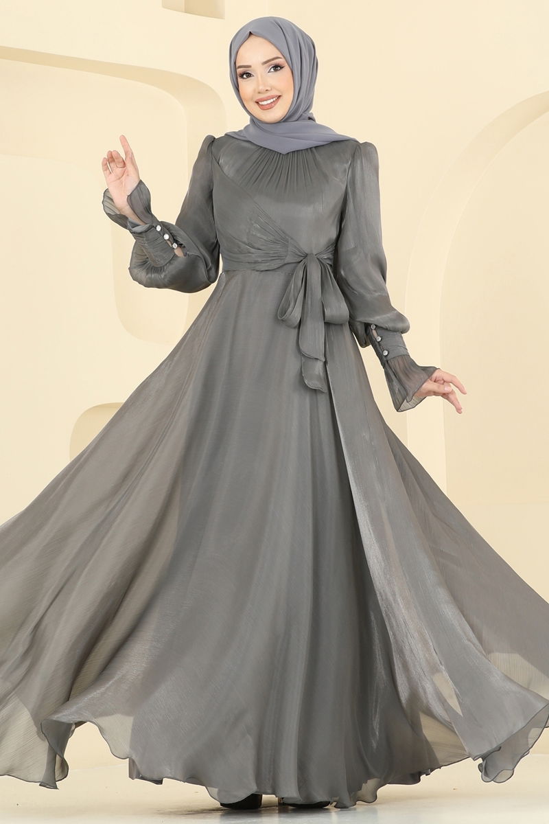 Evening Dress Anthracite Belted Modest Fashion