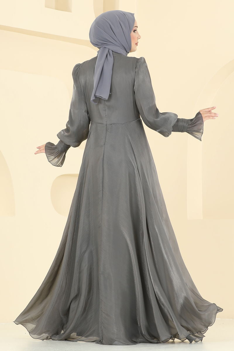 Evening Dress Anthracite Belted Modest Fashion