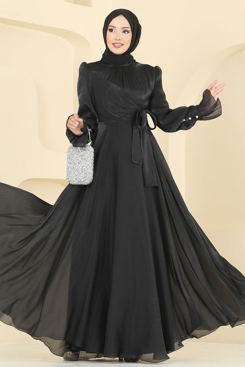 Evening Dress Black Belted Modest Fashion 2826ELC1143