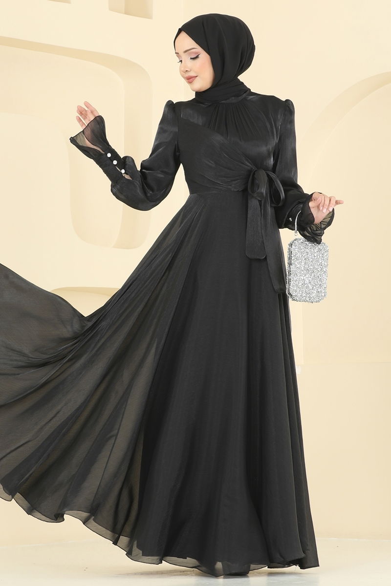 Evening Dress Black Belted Modest Fashion 2826ELC1143