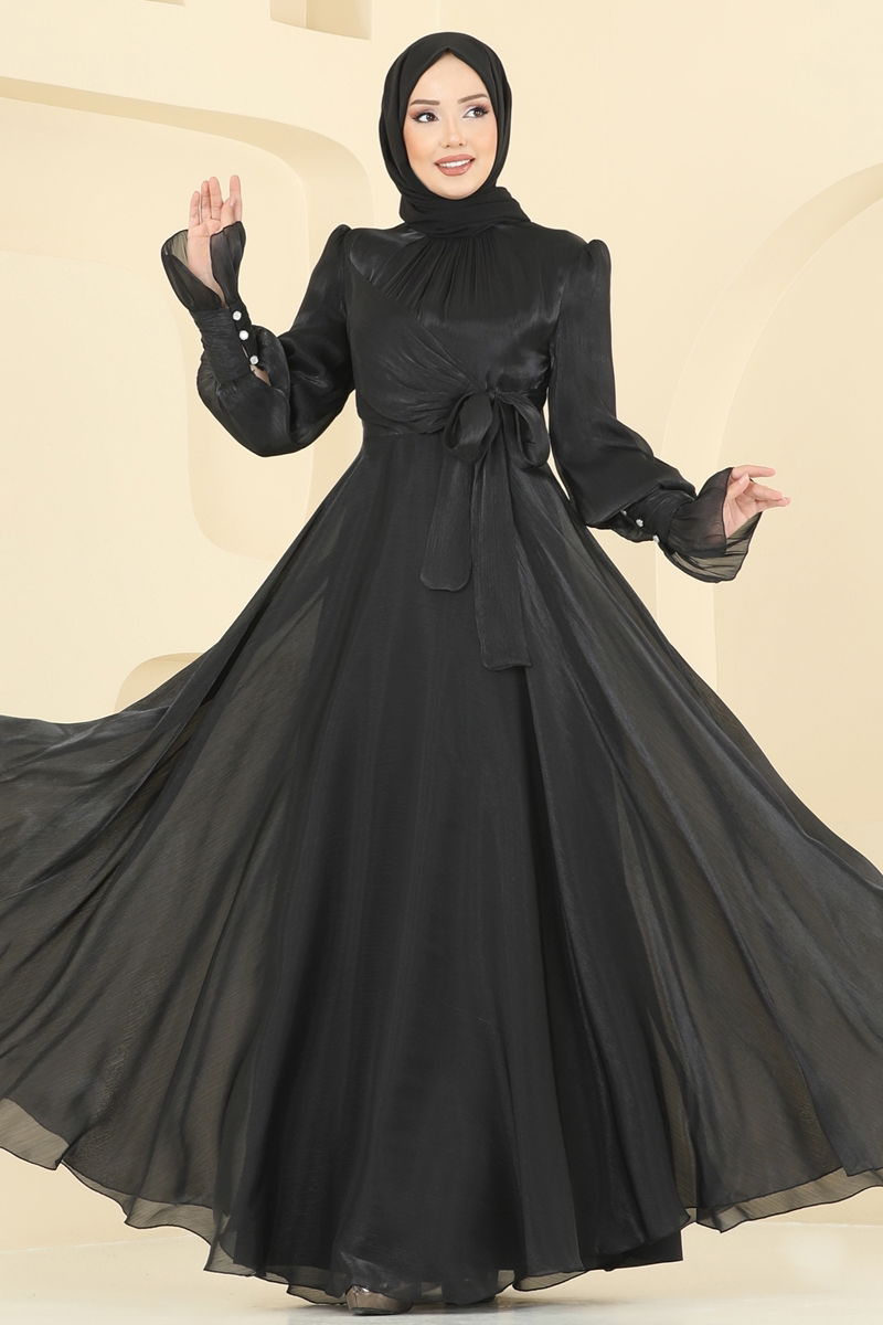 Evening Dress Black Belted Modest Fashion 2826ELC1143