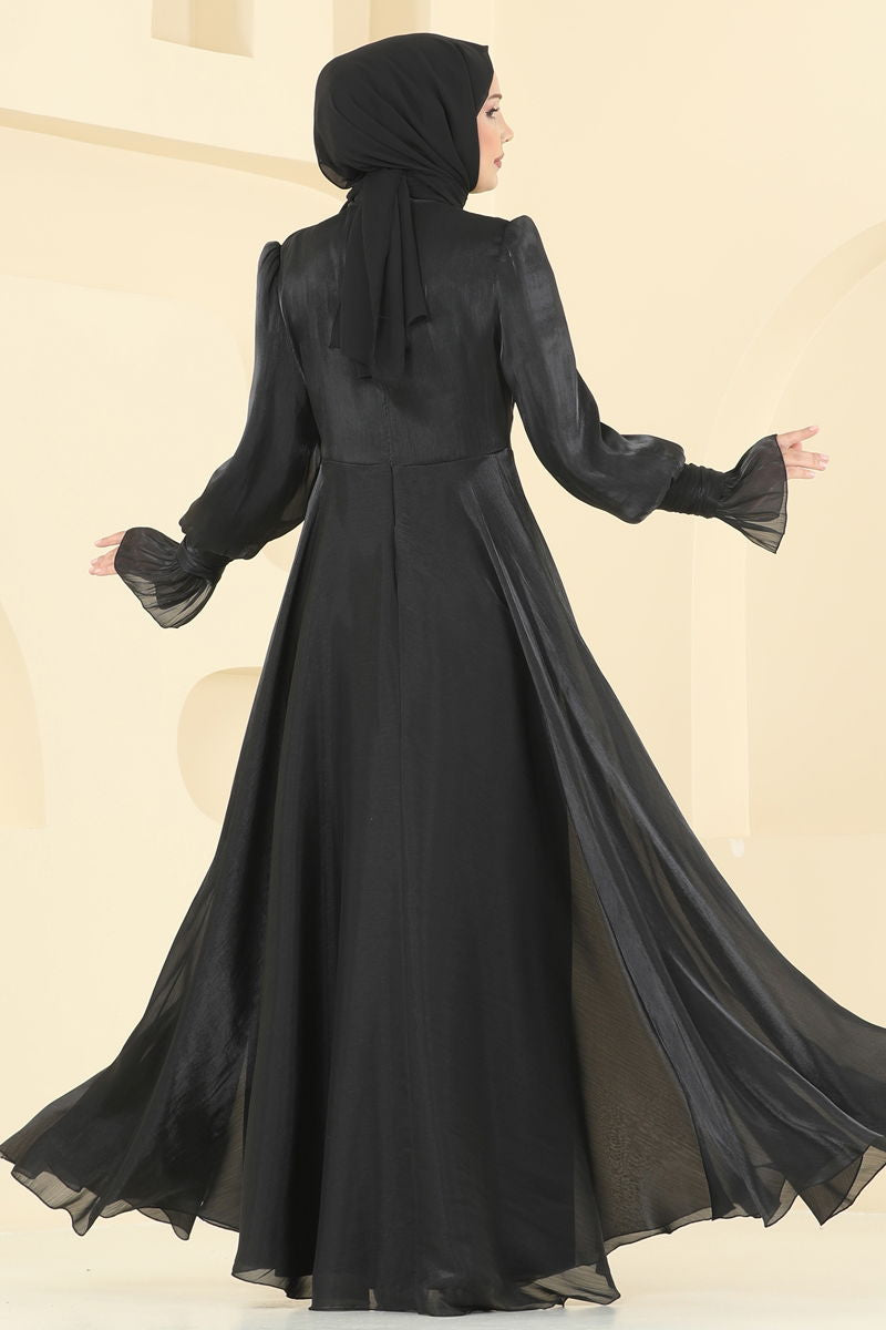 Evening Dress Black Belted Modest Fashion 2826ELC1143
