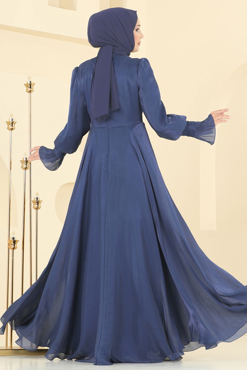 Evening Dress Blue Tulle Gathered Modest Fashion 2826ELC1143