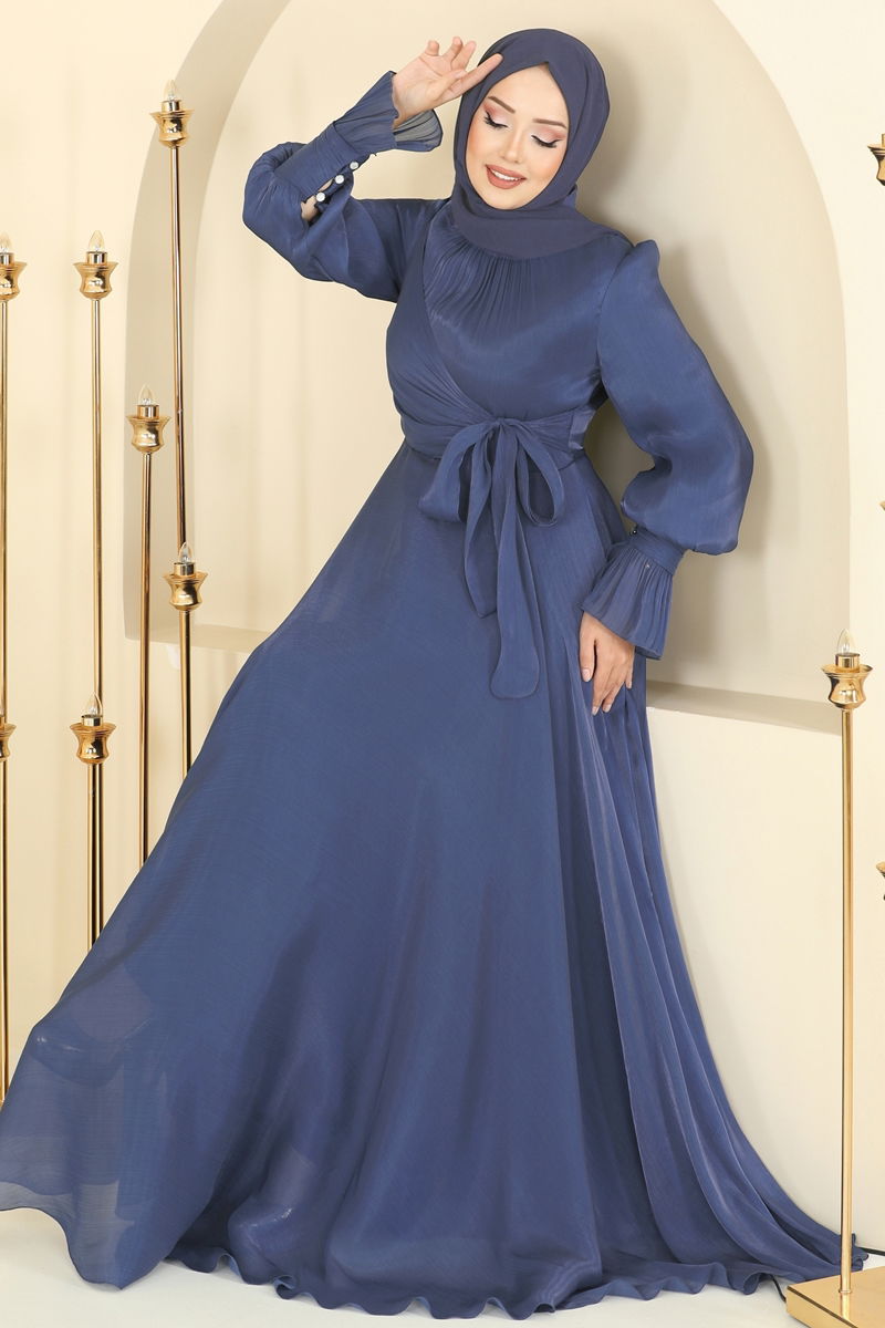 Evening Dress Blue Tulle Gathered Modest Fashion 2826ELC1143