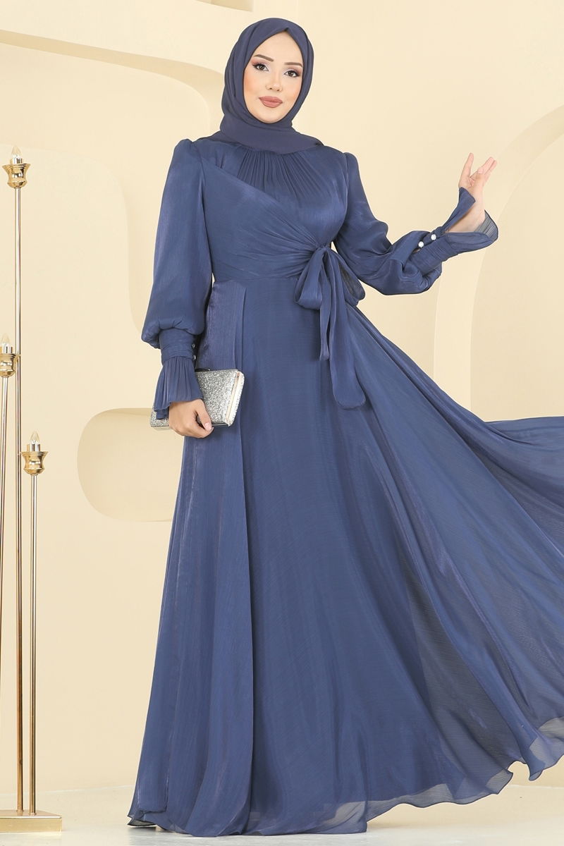 Evening Dress Blue Tulle Gathered Modest Fashion 2826ELC1143