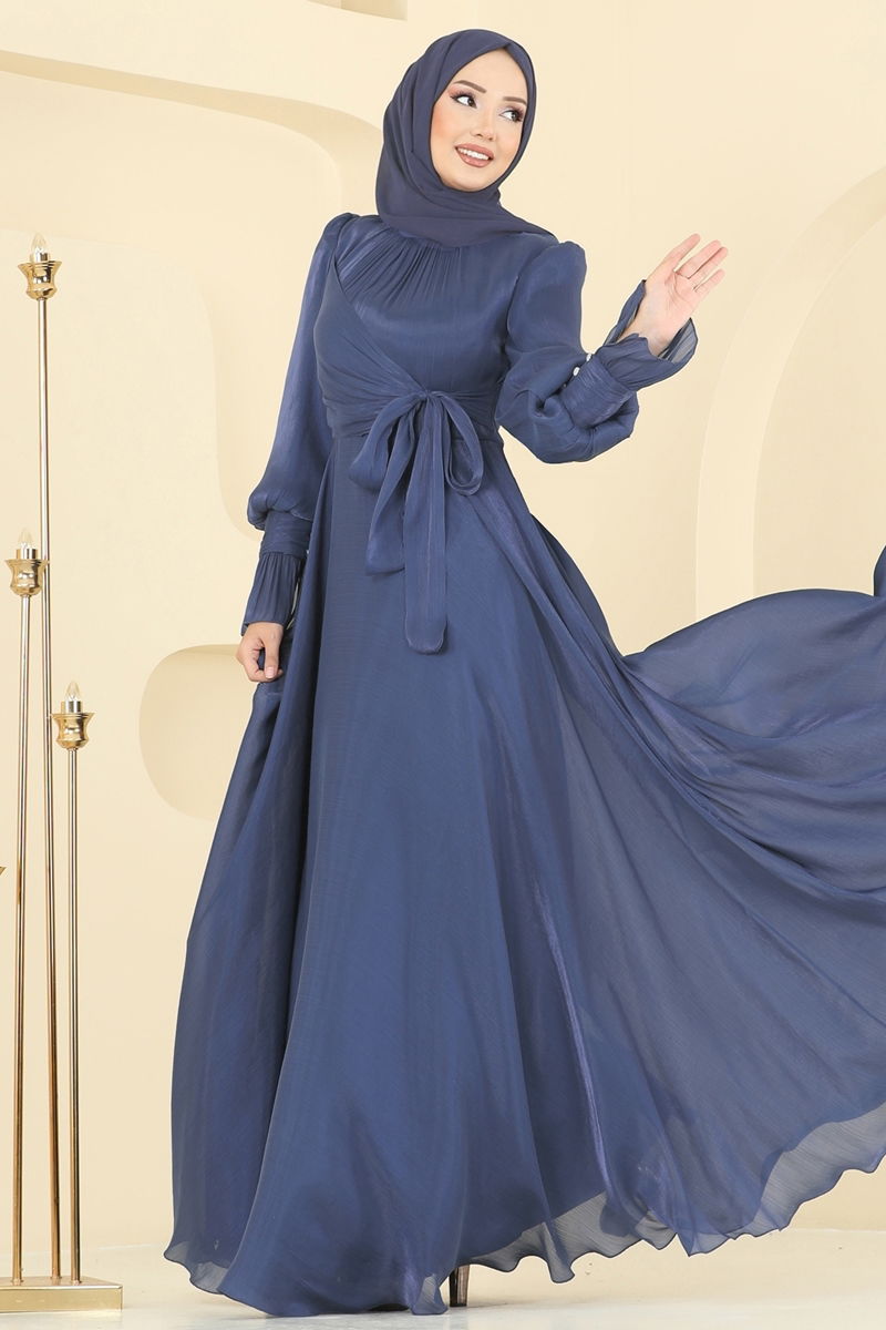 Evening Dress Blue Tulle Gathered Modest Fashion 2826ELC1143