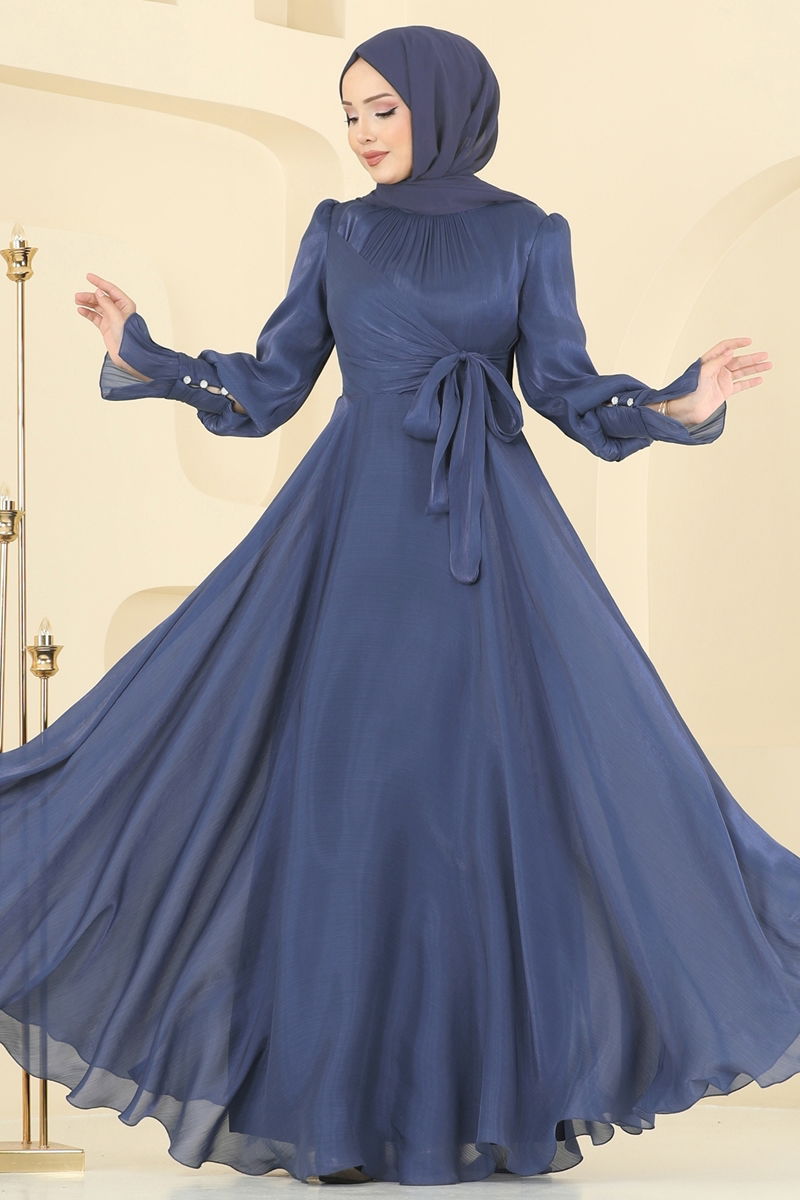 Evening Dress Blue Tulle Gathered Modest Fashion 2826ELC1143