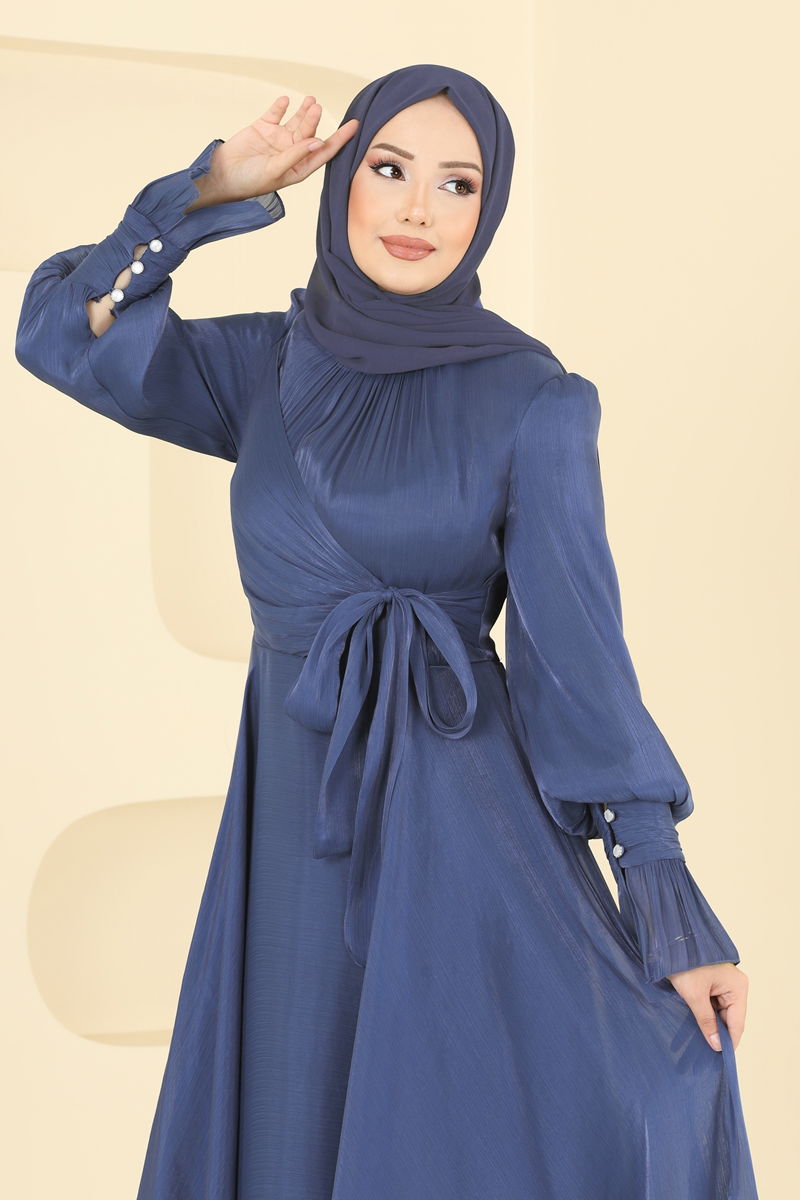 Evening Dress Blue Tulle Gathered Modest Fashion 2826ELC1143