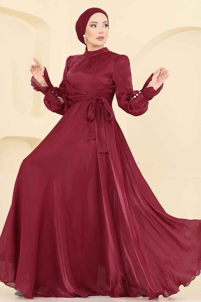 Evening Dress Burgundy Belted Modest Taffeta Formal Wear