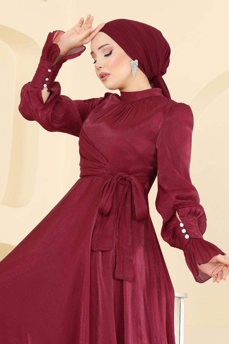 Evening Dress Burgundy Belted Modest Taffeta Formal Wear