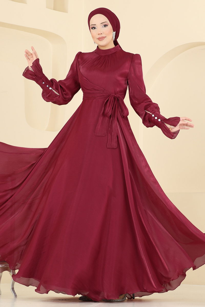 Evening Dress Burgundy Belted Modest Taffeta Formal Wear