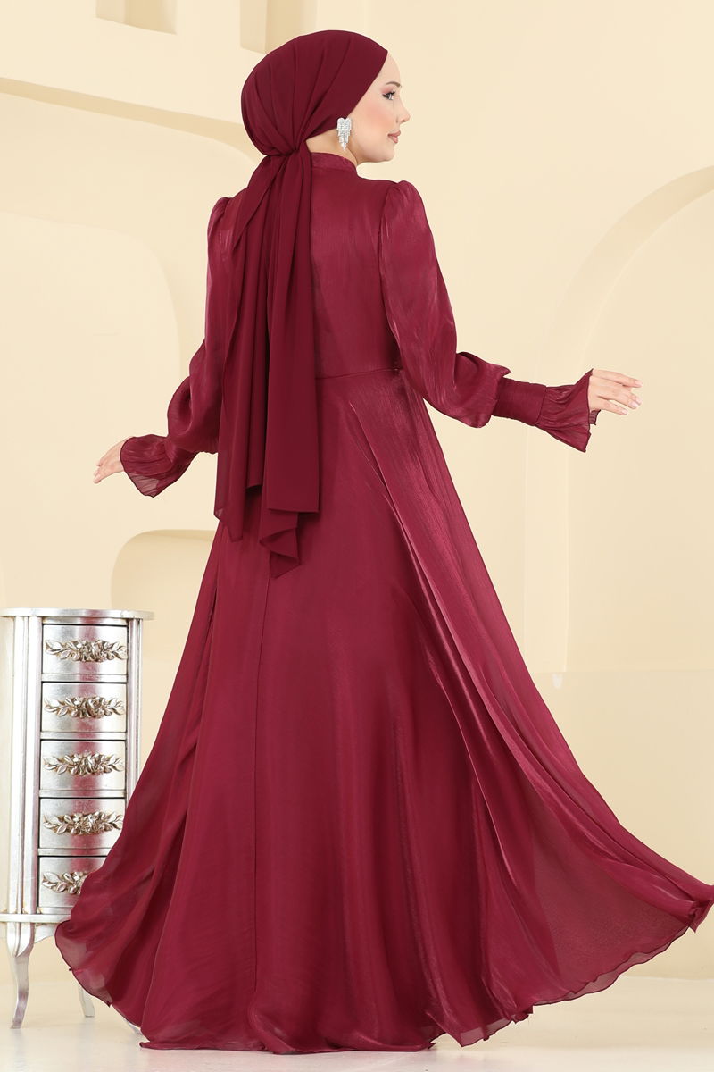Evening Dress Burgundy Belted Modest Taffeta Formal Wear