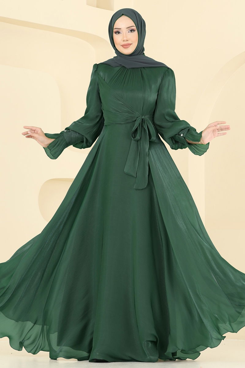 Emerald Evening Dress - Belted Modest Wear