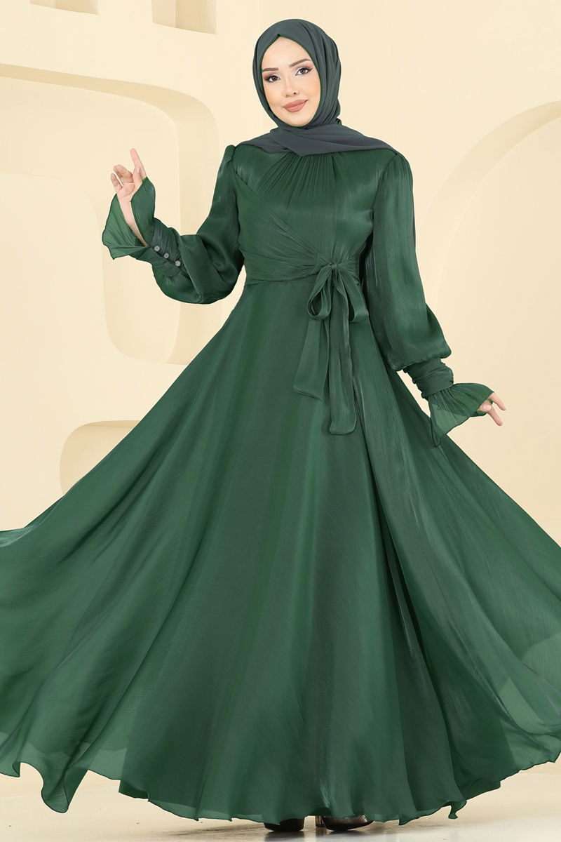 Emerald Evening Dress - Belted Modest Wear