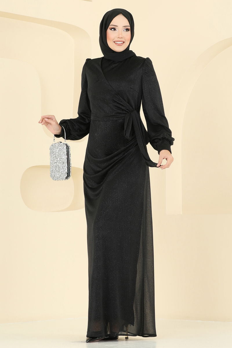 Evening Dress Black Embroidered Modest Maxi Gown