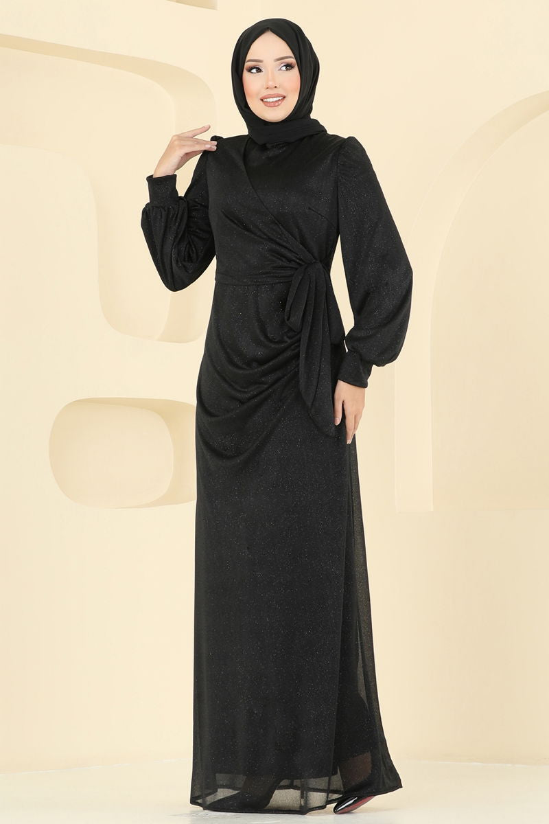 Evening Dress Black Embroidered Modest Maxi Gown