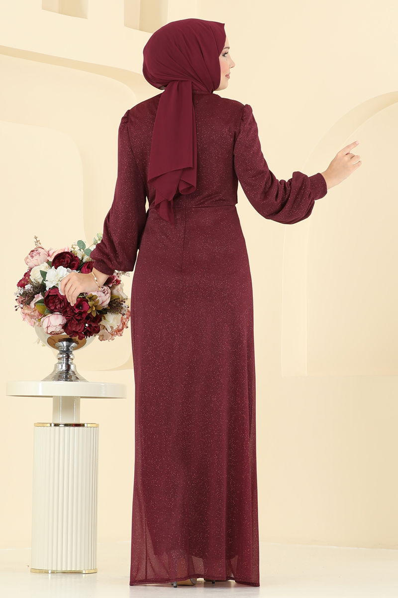 Evening Dress Burgundy Belted Modest Flare Sleeve