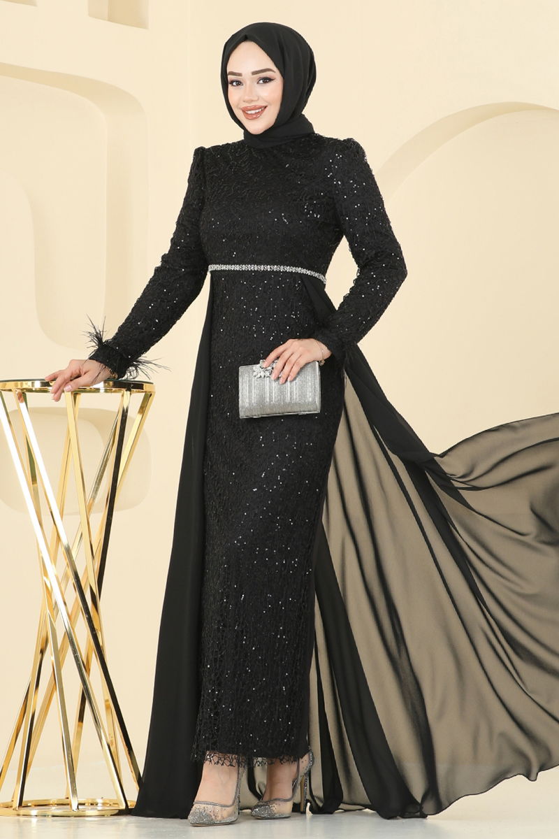 Evening Dress Black Belted Modest Formal Wear