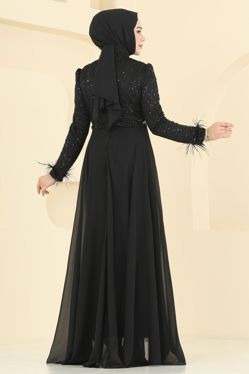Evening Dress Black Belted Modest Formal Wear