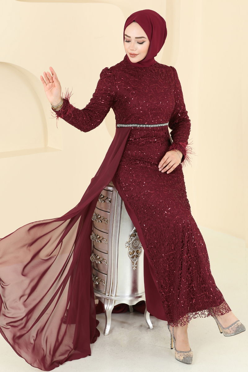 Evening Dress Burgundy Flared Tulle Modest Fashion