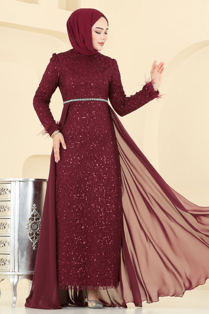 Evening Dress Burgundy Flared Tulle Modest Fashion