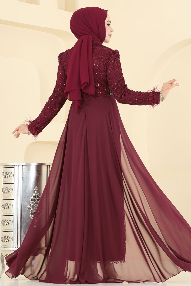 Evening Dress Burgundy Flared Tulle Modest Fashion
