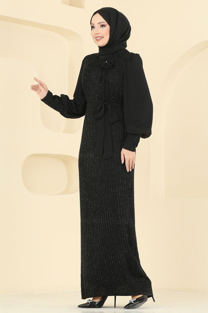 Evening Dress Black Belted Modest Formal Wear
