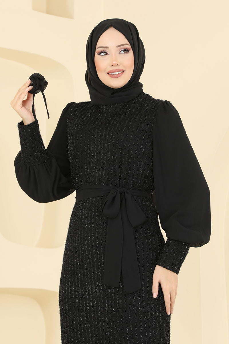 Evening Dress Black Belted Modest Formal Wear