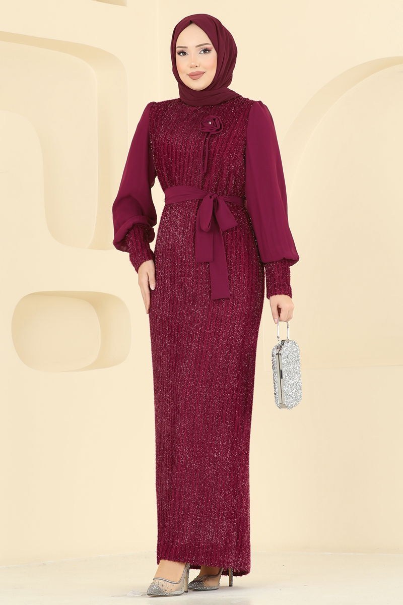 Evening Dress Burgundy Belted Modest Wear