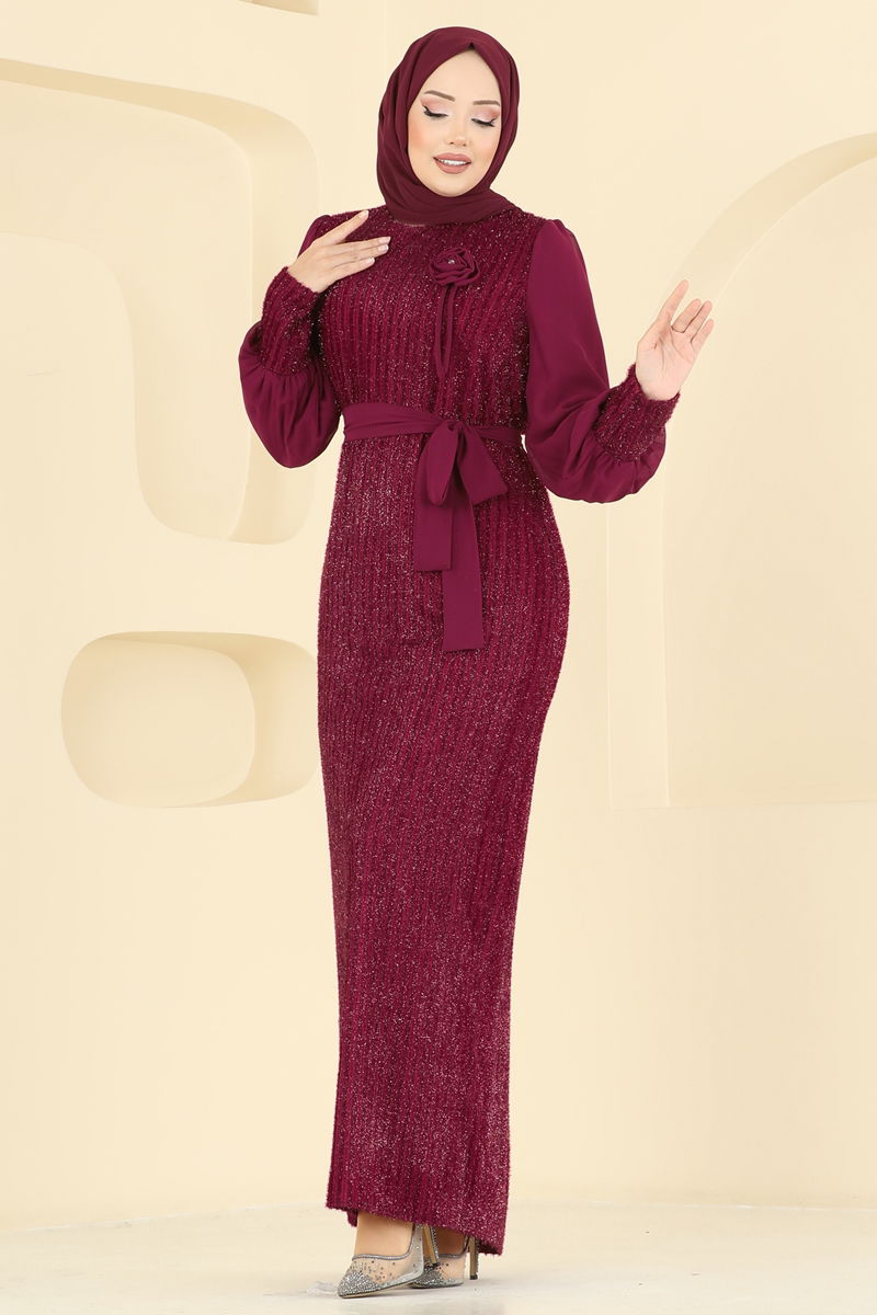 Evening Dress Burgundy Belted Modest Wear