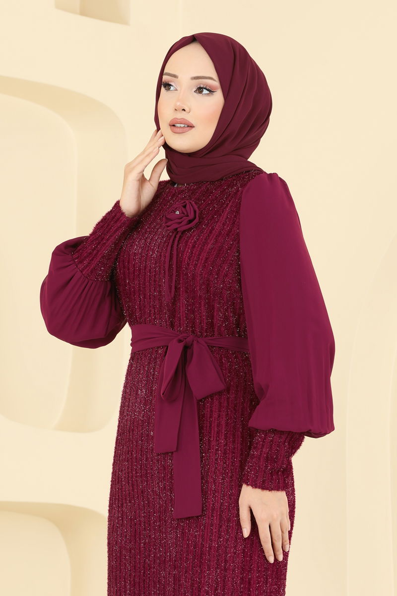 Evening Dress Burgundy Belted Modest Wear