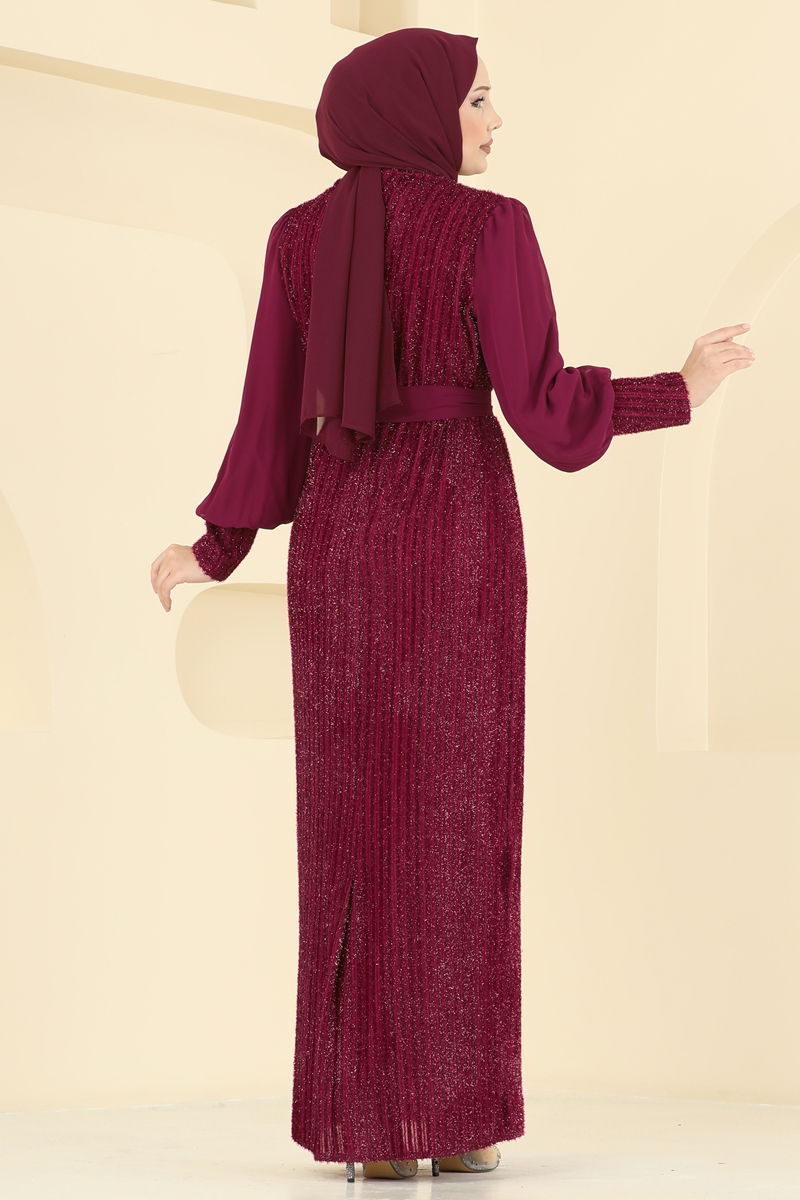 Evening Dress Burgundy Belted Modest Wear