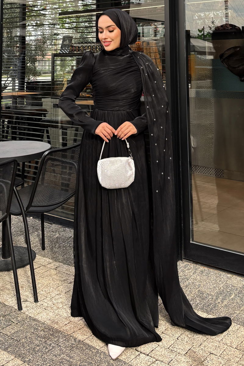 Evening Dress Black Belted Modest Fashion 4662ALG