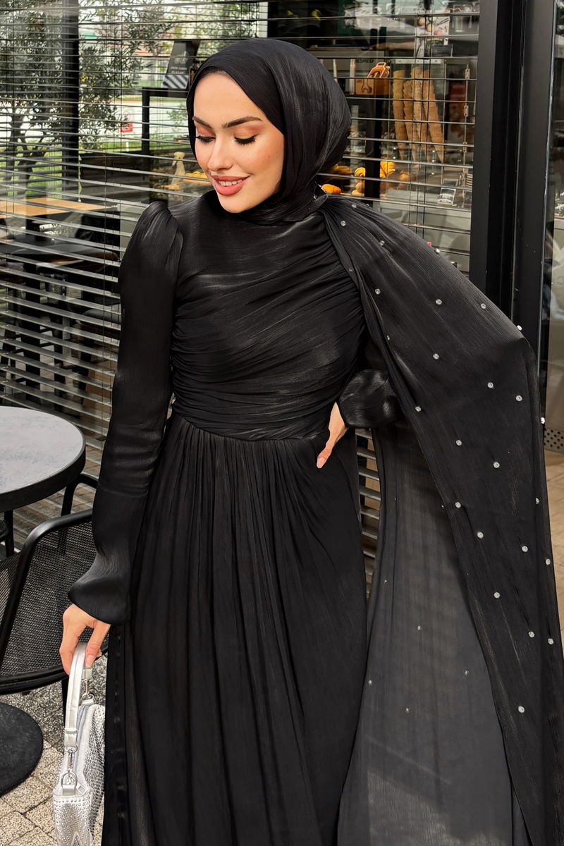 Evening Dress Black Belted Modest Fashion 4662ALG