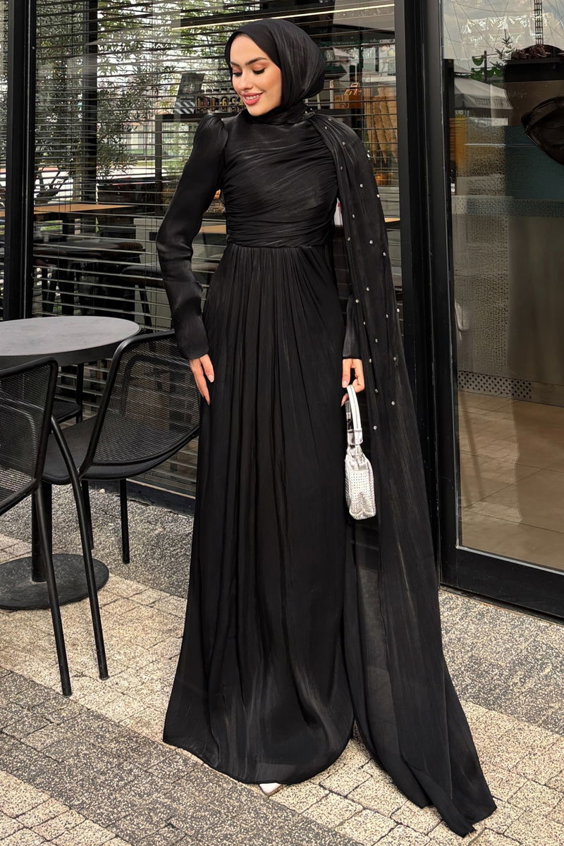 Evening Dress Black Belted Modest Fashion 4662ALG