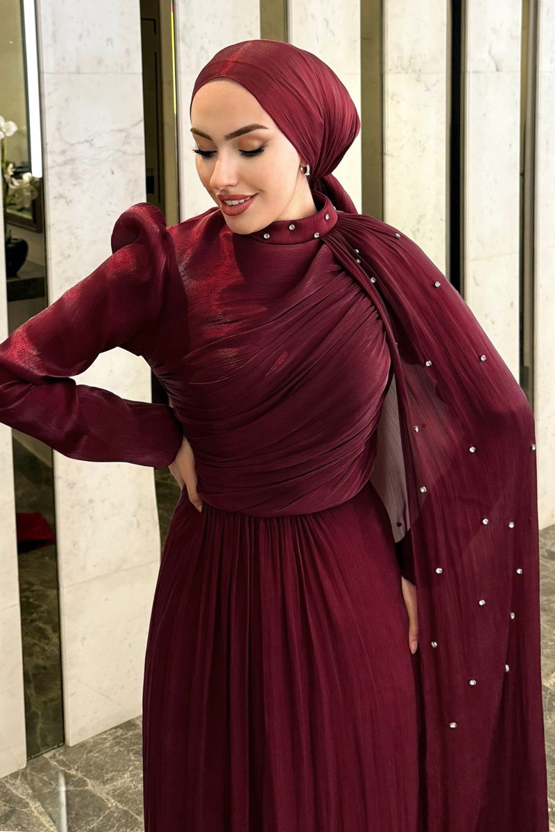 Evening Dress Burgundy Belted Modest Fit 4662ALGK1170