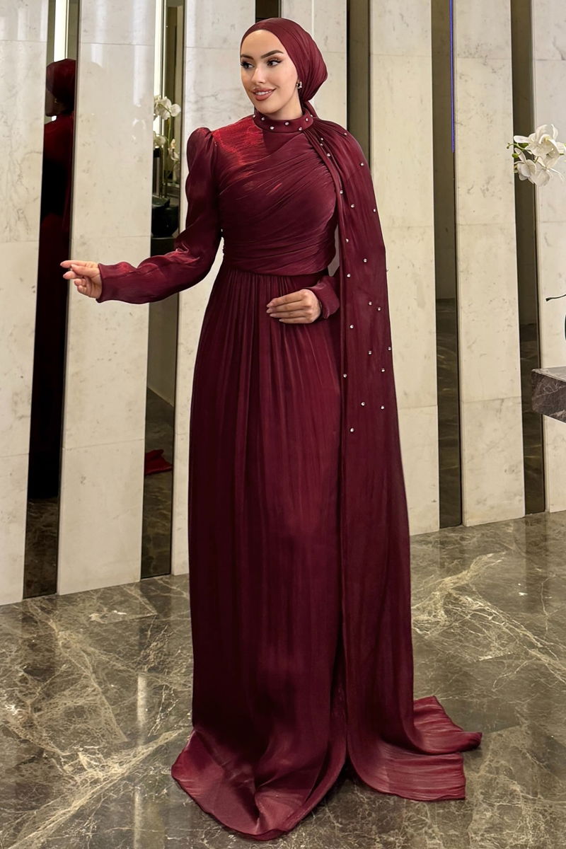 Evening Dress Burgundy Belted Modest Fit 4662ALGK1170