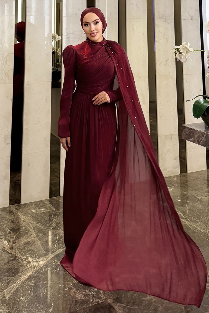 Evening Dress Burgundy Belted Modest Fit 4662ALGK1170